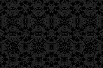 Embossed original black background, ethnic cover design. Geometric 3D pattern, press paper, leather. Boho, handmade. Tribal flavor of the East, Asia, India, Mexico, Aztec, Peru.