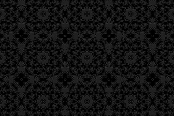 Embossed floral black background, ethnic cover design. Geometric 3D pattern, press paper, leather. Boho, handmade. Tribal flavor of the East, Asia, India, Mexico, Aztec, Peru.
