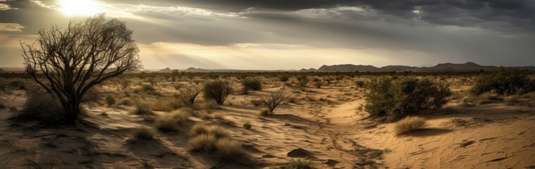 An expansive desert with a dramatic sky. Horizontal banner. AI generated