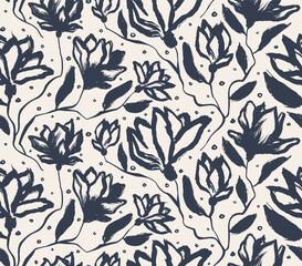 flowers hand drawn seamless pattern. ink brush texture.