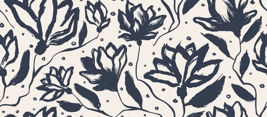 flowers hand drawn seamless pattern. ink brush texture.