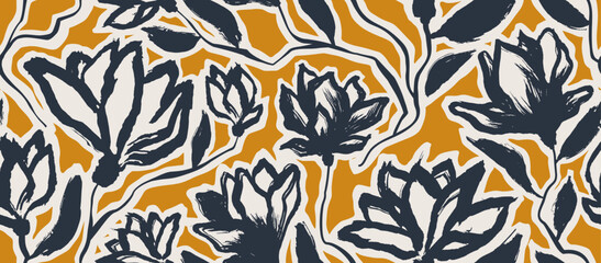 flowers hand drawn seamless pattern. ink brush texture.