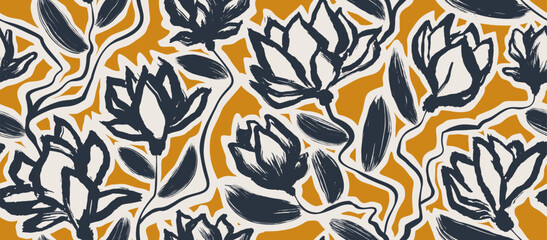 flowers hand drawn seamless pattern. ink brush texture.