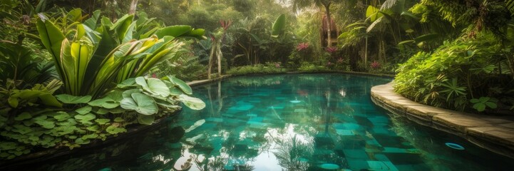 An inviting pool with crystal-clear water surrounded. Horizontal banner. AI generated