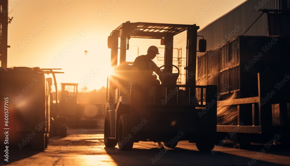 Wall mural men driving forklift at construction site at dusk generated by ai