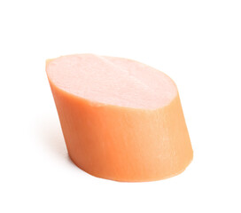 Slice of tasty boiled sausage on white background