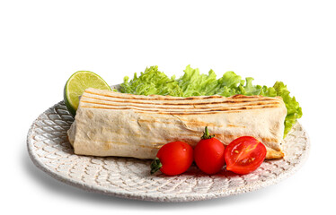 Plate of tasty shawarma with lettuce and tomatoes on white background