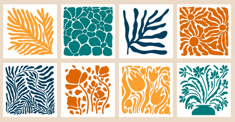 Aesthetics of Matisse's curves. Groovy abstract postcards with patterns. Flower drawings, botanical art. Fashionable organic style of naive retro hippies of the 60-70's. Mother's Day vector background
