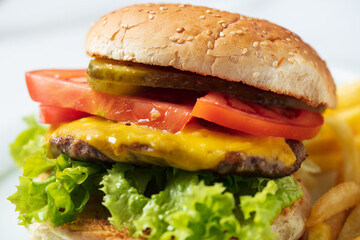 Cheeseburger with tomato and lettuce . High quality photo