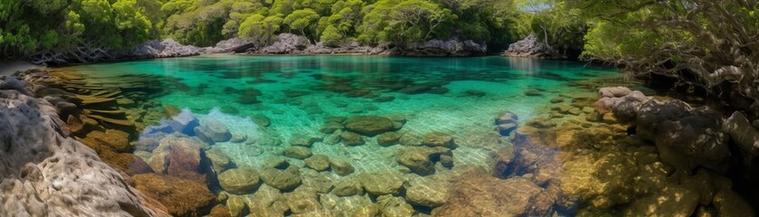 Crystal clear waters surrounded by lush vegetation. Horizontal banner. AI generated