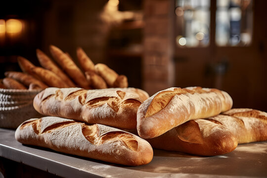 French baguette breads on counter in a French bakery shop, Delicious bread rolls and baguettes in a basket in the background, French baker shop interior. generative ai