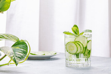 Cold refreshing summer drink with cucumbers and fresh mint