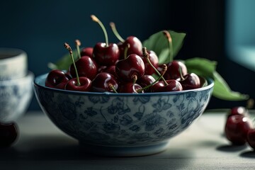 Large ripe juicy tasty cherries in a ceramic bowl on a dark background made with generative AI