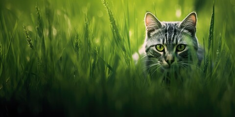 a cat is in a group of green grass Generative AI