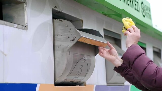 Gargage segregation. Woman throwing plastic waste in containet. sustainable future by recycling his plastic pollution
