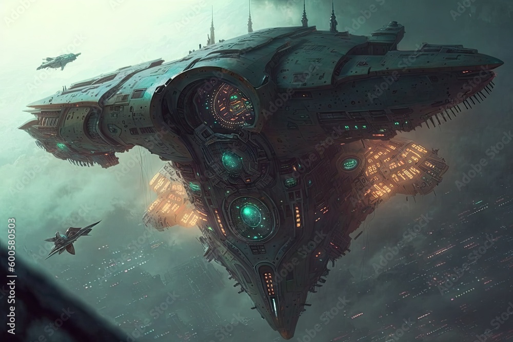 Canvas Prints cyber punk spaceship seen from above. glorious generative ai.