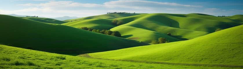 Rolling green hills and a bright blue sky. Horizontal banner. AI generated