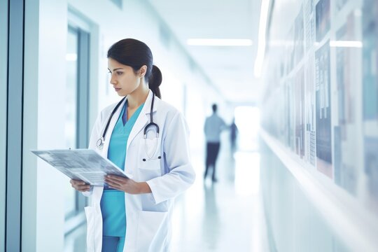 Photo of a female doctor healthcare physician worker looking at x - ray clipboard in a bright hospital hallway. Ai generative.