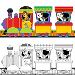 cartoon steam train on tracks with farm animals on white background space for text - illustration for children with sketch