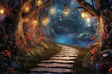 Fototapeta na wymiar Magical Pathway through Enchanted Forest, Illuminated with Sparkling Light, Generative AI