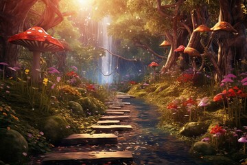 Magical Pathway through Enchanted Forest, Illuminated with Sparkling Light, Generative AI