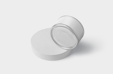Blank white conserve can with lid mock up, 3d rendering. Empty canned jar mockup isolated. 3D illustration.