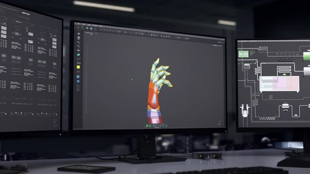 Future development software engineering assembling the mechanism of an artificial arm. Future engineering technology development of prosthetics. Future development of engineered 3D arm parts