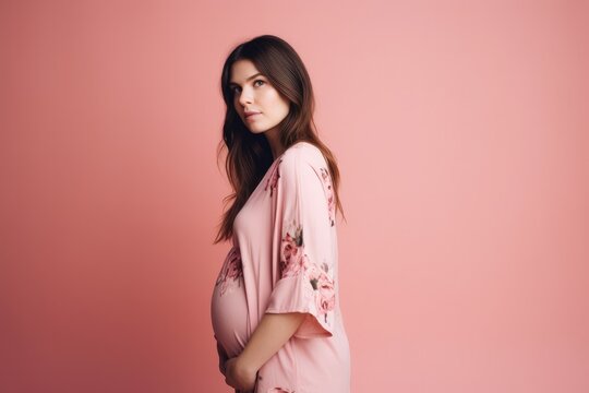 Beautiful pregnant woman standing on pink background. Ai generative.