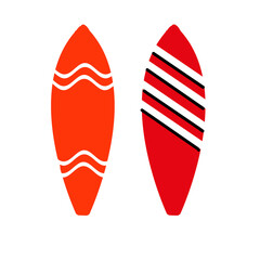 Surfboard illustration isolated on white background. Two surfboards  in orange and red color with print. Summer vacation. Recreation. Relax. Hobby. Surfing