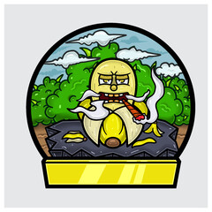 Banana Fruit Cartoon Character Do Smoking In Jungle. Blank Sign and Circle Logo.