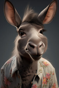 Anthropomorphic donkey dressed in human clothing. humanized animal concept. AI generated, human enhanced. Vertical image