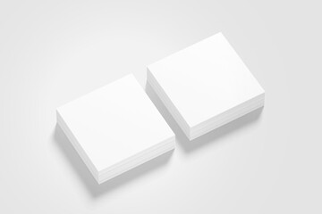 Blank white mock up template for business card, invitation car, greeting card, flyer and brochure, stack of papers on white background, 3D illustration, 3D rendering.