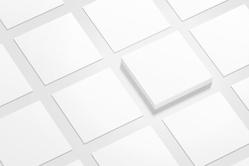 Blank white mock up template for business card, invitation car, greeting card, flyer and brochure, stack of papers on white background, 3D illustration, 3D rendering.