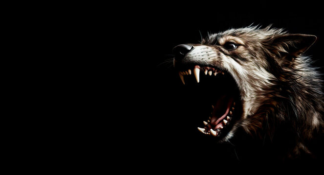 Wolf, Unleash the Wild. Aggressive Wolves Displaying their Dominance with Intimidating Teeth and Fiery Eyes on a Black Canvas.  Generative Ai
