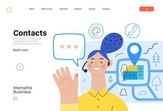 Memphis business illustration. Contacts -modern flat vector concept illustration of a female call center operator, tablet screen, map, location bubble, email, phone. Commerce business sales metaphor.