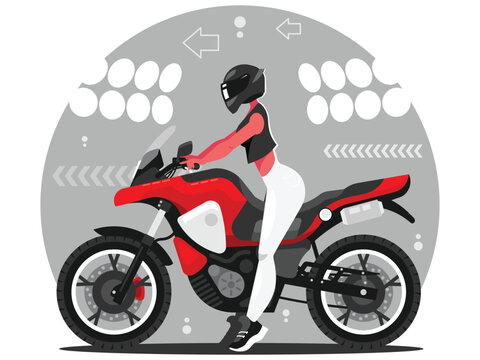 Woman on motorbike. Girl sits on a bike. Sports motorcycle. Vector graphics