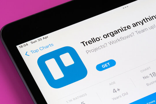 Trello app seen in App Store on the screen of ipad. Selective focus. Stafford, United Kingdom, May 6, 2023