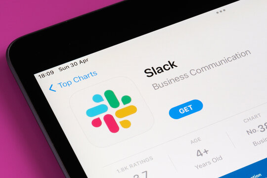 Slack app seen in App Store on the screen of ipad. Selective focus. Stafford, United Kingdom, May 6, 2023
