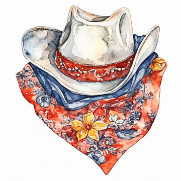 recommend clip art: Watercolor drawing of a cowboy hat with a red bandana.