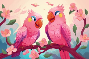 Two parrots male and female sit on a branch in love, generative ai
