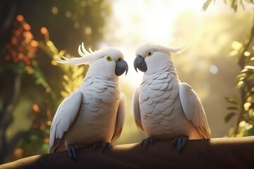 Two parrots male and female sit on a branch in love, generative ai
