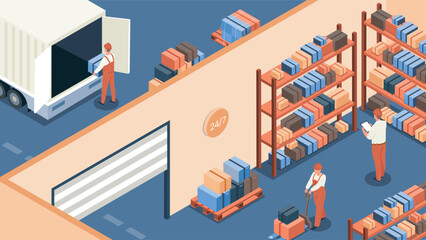 Isometric warehouse concept. Workers with boxes near truck. transportation and logistics of goods, online shopping and home delivery. Export and import. Cartoon vector illustration