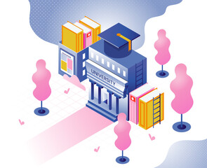 Isometric university concept. Building with books and graduation cap. Education, learning and training. College campus near trees. Landing page design. Cartoon vector illustration