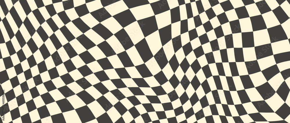 Poster Trippy checkerboard background. Retro psychedelic checkered wallpaper. Wavy groovy chessboard surface. Distorted geometric pattern. Abstract vector backdrop