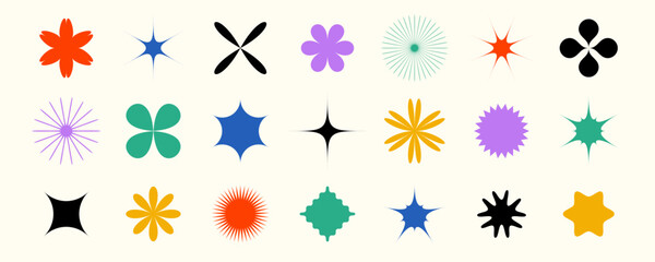 Abstract stars and flowers shapes collection. Primitive geometric forms set in Swiss or bauhaus style. Brutalist elements pack for posters, banners, collages. Big bundle of vector signs. 