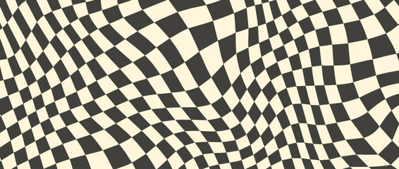 Trippy checkerboard background. Retro psychedelic checkered wallpaper. Wavy groovy chessboard surface. Distorted geometric pattern. Abstract vector backdrop - obrazy, fototapety, plakaty