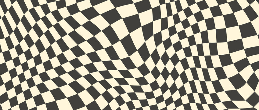 Trippy checkerboard background. Retro psychedelic checkered wallpaper. Wavy groovy chessboard surface. Distorted geometric pattern. Abstract vector backdrop