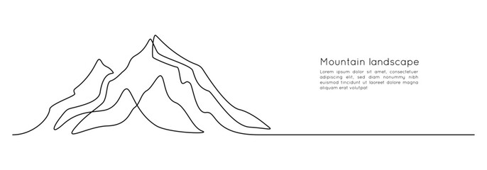 One continuous line drawing of mountain range landscape. Web banner with mounts in simple linear style. Adventure winter sports concept in editable stroke. Doodle vector illustration - obrazy, fototapety, plakaty