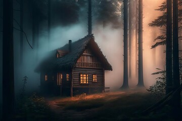 Old wooden house in the morning foggy forest. Generative AI