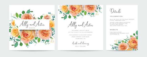 Floral square wedding invite, details card. Peach orange, yellow color rose flowers, green eucalyptus branches, leaves bouquet. Watercolor style bright editable vector illustration. Chic template set